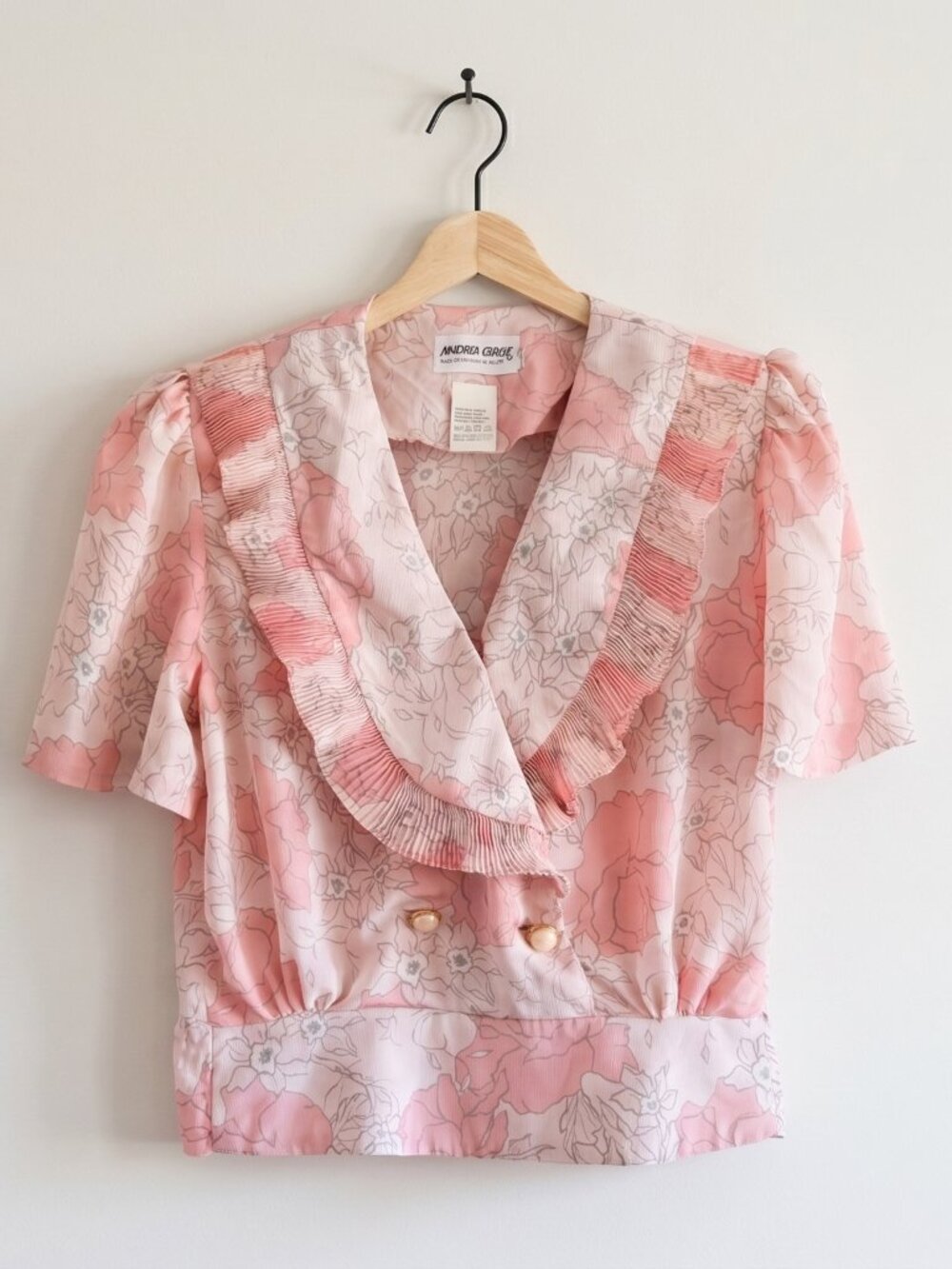 intage Andrea Gayle Pink Floral Ruffle Wrap Blouse Puff Sleeve Size 9
